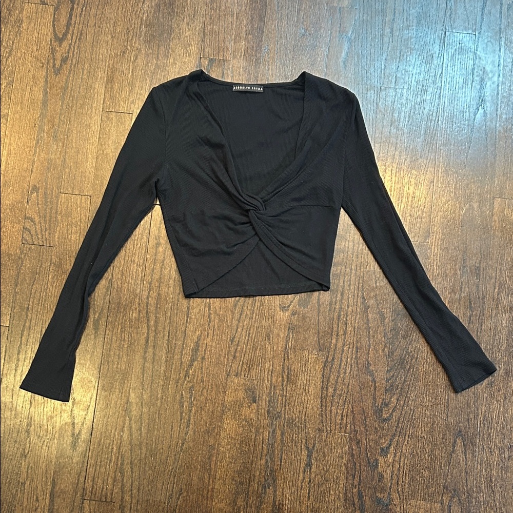 Brooklyn Karma Women’s Black Ribbed Twist Front Long Sleeve Top Size Small